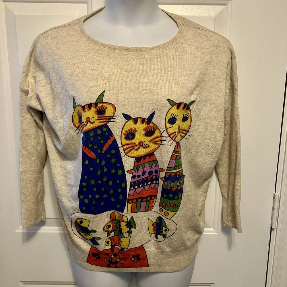 Paper Plane London Sz Large Cat Novelty Print Knit Sweater Shirt Top Women's
